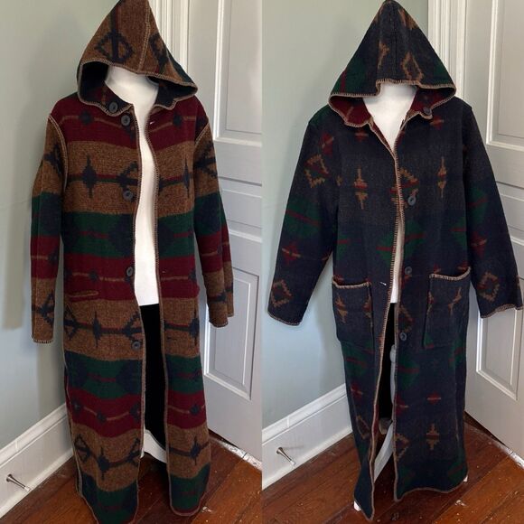 VTG Woolrich Navajo Aztec Long Trench Coat Duster Reversible Wool Medium - Picture 1 of 6